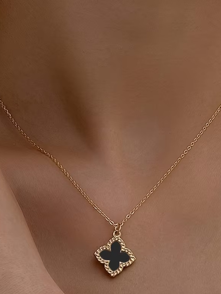 Gold Clover Pendant Necklace With Black Accent - Women Jewelry
